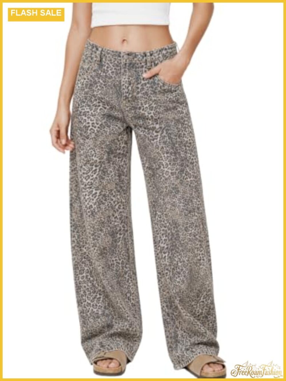 Leopard Print Baggy High Waisted Wide Leg Women's Pants Denim Stretchy Y2K